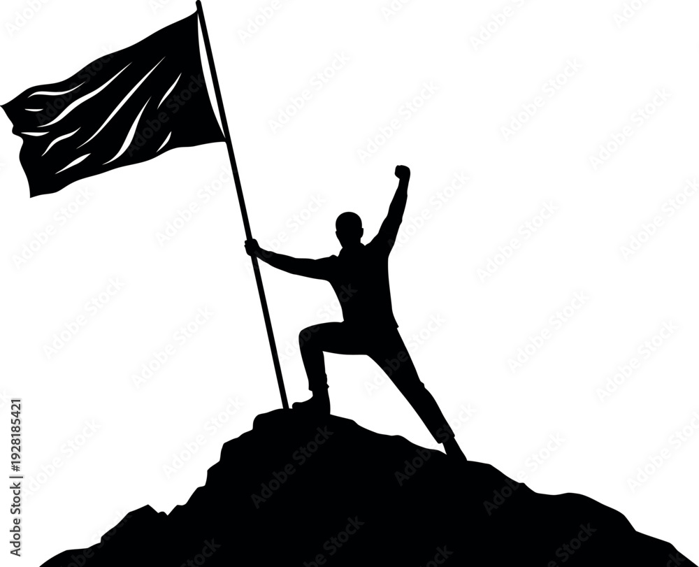 Fototapeta premium Silhouette of a person triumphantly holding a flag on top of a mountain