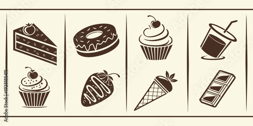 Assorted pastries and desserts displayed in a row with various toppings and designs Vector