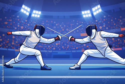 Fencing Duel Competition in Indoor Stadium Vector Illustration