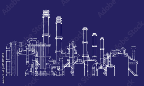Oil Refinery Industrial Line Art Vector with Pipelines, Storage Tanks and Chimneys – Petrochemical Plant Technical Engineering Illustration, Black Outline Factory