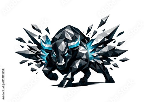 Low-poly vector illustration of a finance bull breaking through resistance, dramatic breakthrough moment with shattered polygonal