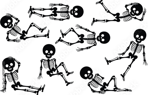 Nine black and white skeleton figures in various playful poses on a white background