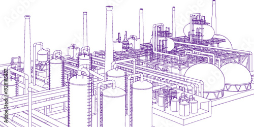 Oil Refinery Industrial Line Art Vector with Pipelines, Storage Tanks and Chimneys – Petrochemical Plant Technical Engineering Illustration, Black Outline Factory
