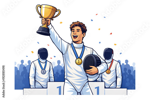Fencing Champion Winning Gold Medal Trophy on Podium Vector Illustration