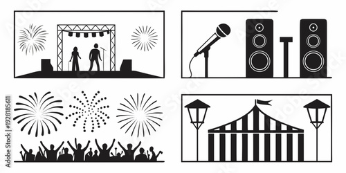 A vibrant illustration showcasing various elements of a concert and music festival. Vector