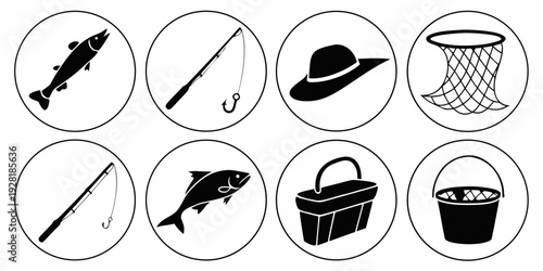 A collection of icons representing various fishing activities and equipment. Vector