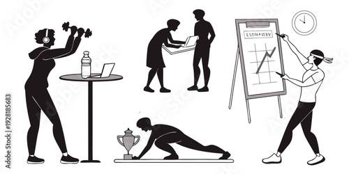 Illustration of various yoga poses performed by individuals in different positions Vector