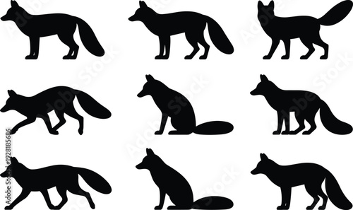 Nine black silhouette foxes in various poses on a white background