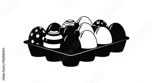A black and white illustration displays a carton filled with decorated easter eggs presented as a silhouette high quality professional detailed