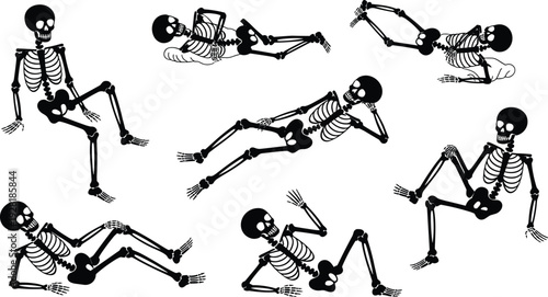 Seven black and white skeleton figures in various dynamic poses on a white background