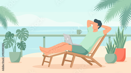 A vector illustration shows a man relaxing in a lounge chair, working remotely on his laptop with a serene ocean view.