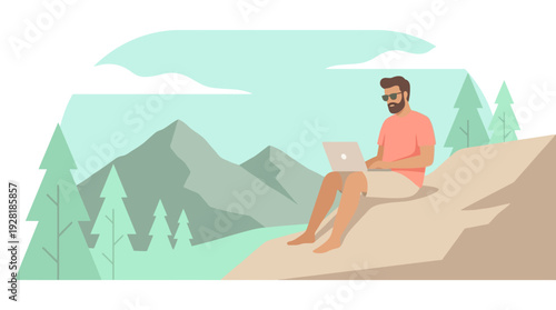 Vector illustration of a man working remotely on a laptop on a cliff, with mountains and trees, depicting 'work from anywhere' in a serene outdoor setting.
