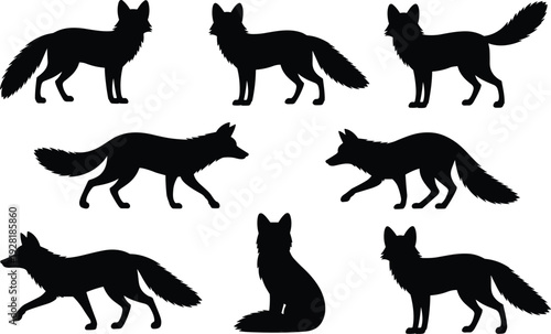 Seven black silhouette foxes in various poses on a white background