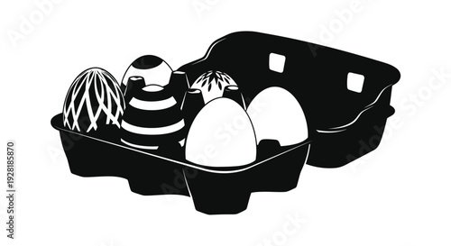 A black and white depiction of eggs nestled within a cardboard container presented as a striking silhouette high quality professional detailed