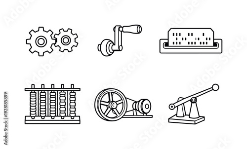 Line style vector icons of early computational machinery: gear-tooth mechanism, crank-handle motif, card-slot outline,