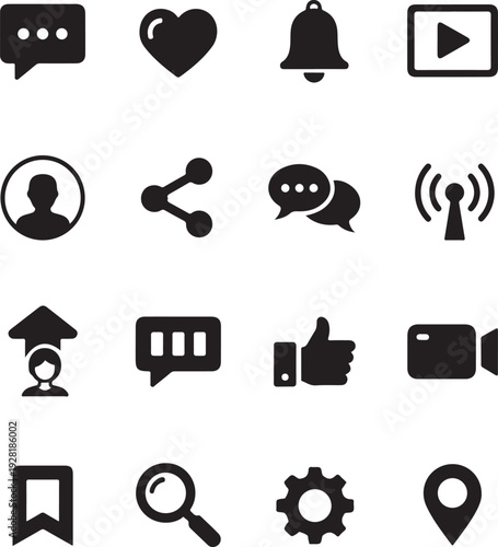 Social Media & User Interface Solid Icons Set, Black Minimal Vector Collection.