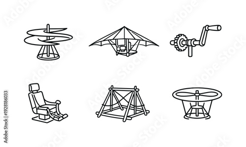 Line style vector icons of Renaissance flying devices: rotor-helix icon, glider-delta wing motif, crank-handle lever, pilot-seat