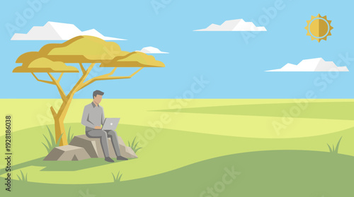 Man working remotely on laptop under tree in sunny vector landscape, 'work from anywhere' concept.