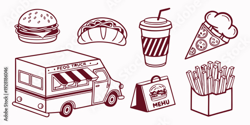 A delightful assortment of various food items and a food truck Vector