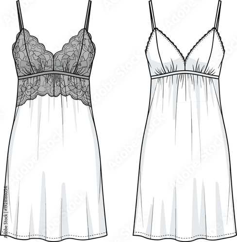 Women's nightdress fashion sketch, slip dress illustration, lace bodice design, spaghetti strap garment drawing, apparel construction front and back view