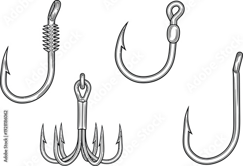 Fishing Hooks Set with Different Types and Styles on White Background