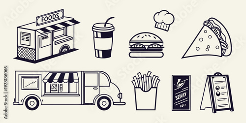 A variety of food trucks and their offerings illustrated in black and white Vector