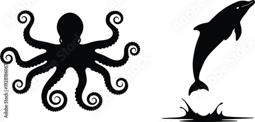 Oceanic Silhouettes: Octopus and Jumping Dolphin Minimalist Vector Art