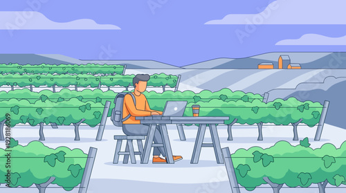 Vector illustration: man working remotely on laptop in vineyard, 'work from anywhere' concept.