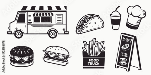 A variety of food items and a food truck depicted in black and white. Vector