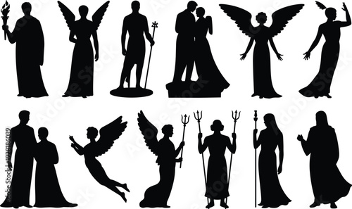 Silhouettes of angels and human figures in various poses and holding against a white background
