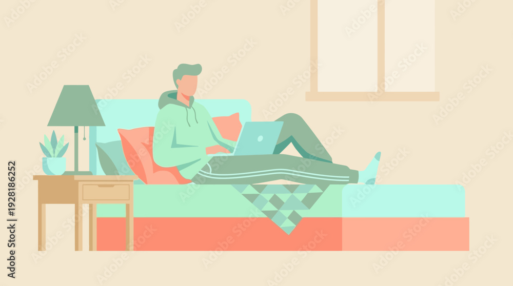 Fototapeta premium Flat vector: man working remotely on laptop from bed, a cozy 'work from anywhere' scene.