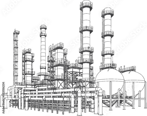Oil Refinery Industrial Line Art Vector with Pipelines, Storage Tanks and Chimneys – Petrochemical Plant Technical Engineering Illustration, Black Outline Factory