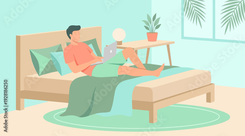 Calm vector illustration of a man remote working on his laptop in bed, showcasing 'work from anywhere'.