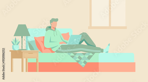 Flat vector: man working remotely on laptop from bed, a cozy 'work from anywhere' scene.