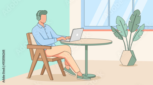 Vector illustration: a man works remotely on laptop at a bright cafe, embodying 'work from anywhere'.