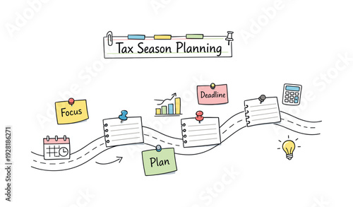 Milestone roadmap path, notebook strips as checkpoints, mini chart and calendar icons, pinned sticky notes for Tax season