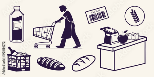 A person shopping for groceries and preparing a meal at home. Vector