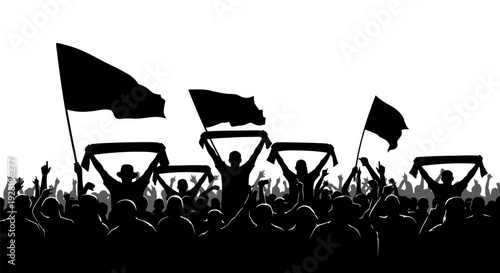 Crowd of people holding flags and signs in protest or demonstration.