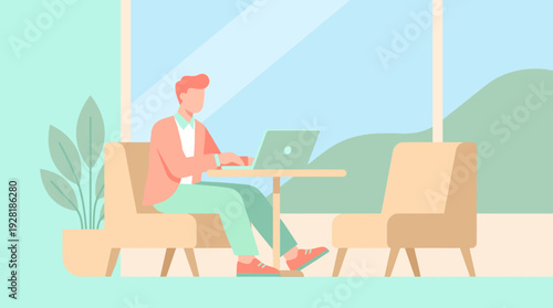 Man works remotely on laptop in bright cafe, a vector illustration of 'work from anywhere' concept.