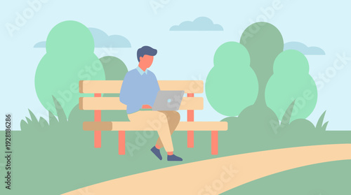 A vector illustration shows a man working on his laptop on a park bench, embodying the remote work from anywhere concept in a calm, flat design.