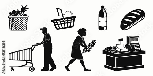 People engaging in various shopping and cooking activities in a grocery store Vector