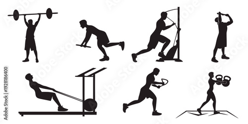 A diverse collection of individuals performing various exercises in a gym setting. Vector