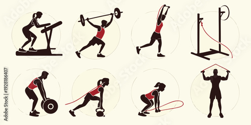 A series of illustrations depicting various exercises and stretches performed by individuals. Vector
