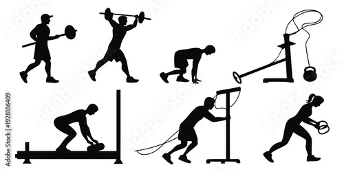 A series of black and white illustrations depicting various exercise movements Vector