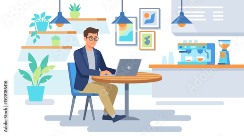 Bright vector illustration of a man working remotely on a laptop in a modern cafe, embodying the 'work from anywhere' concept.