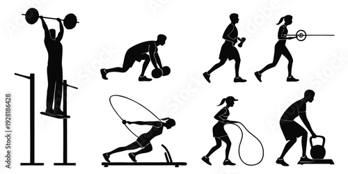 Illustration of various exercises and fitness activities in black and white Vector