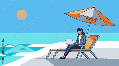 Vector: woman remote work under umbrella, beach, 'work from anywhere'.