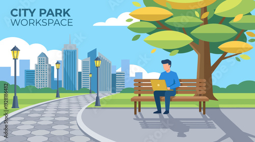 Bright vector illustration of a man working remotely on a laptop in a city park, embodying 'work from anywhere'.