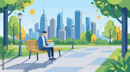 A man in headphones works on a laptop on a park bench, enjoying remote work with a bright cityscape in this vector illustration.