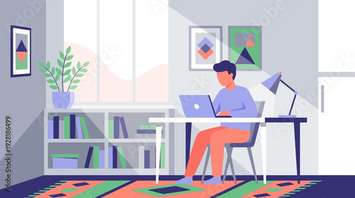 Modern vector illustration of a man working remotely on a laptop in a bright home office.